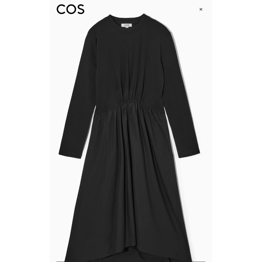 COS Asymetric Black Gathered Waist Long Sleeve Midi Lagenlook Dress XS